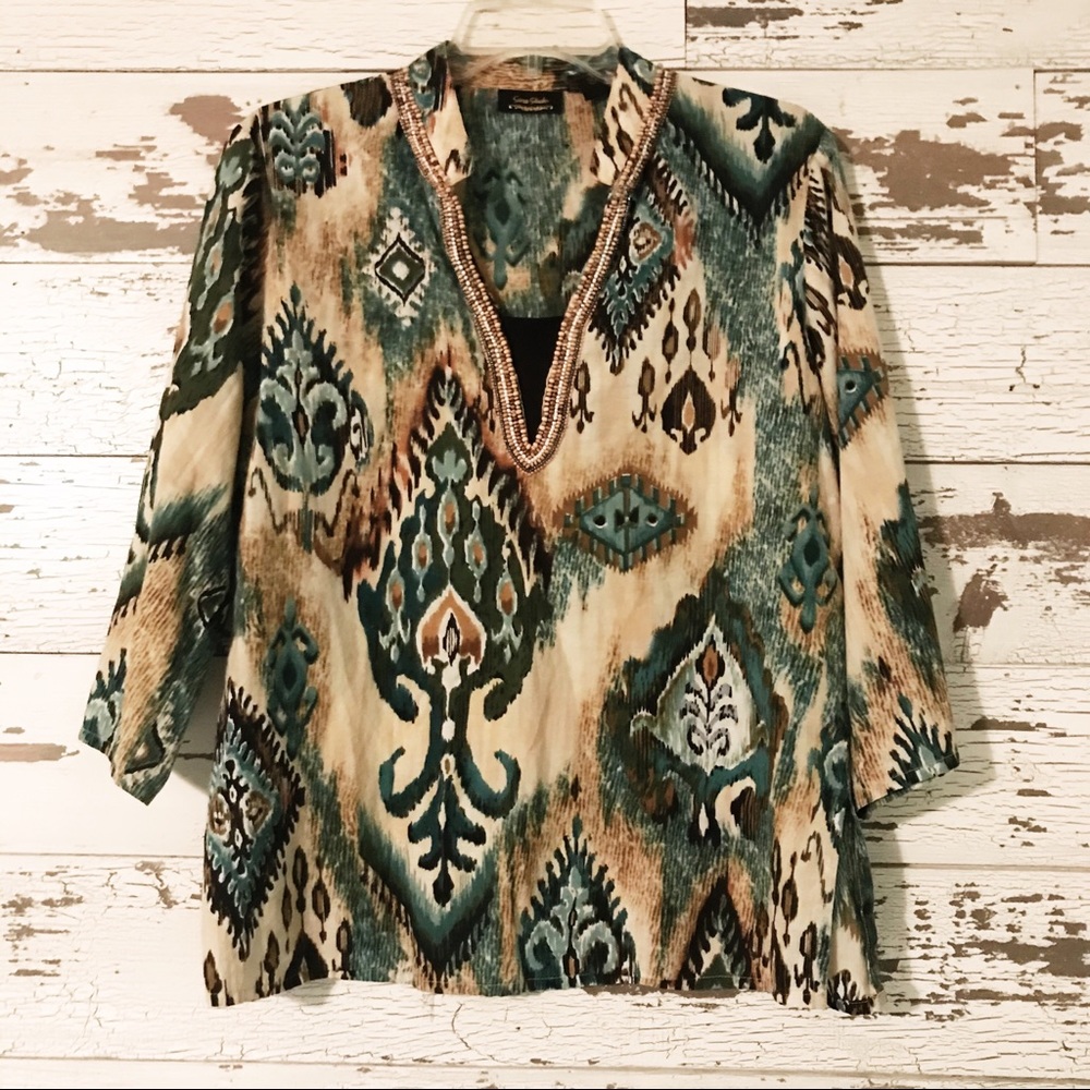 Beaded Boho Top Tunic style V neck Medium